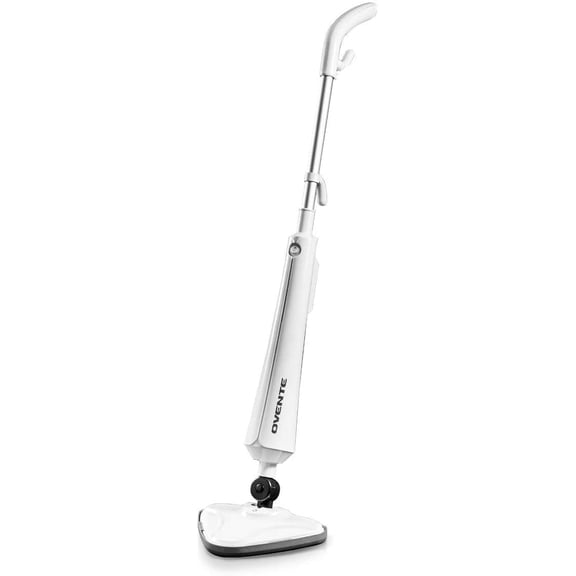 OVENTE Electric Steam Mop Cleaner, 1300W Floor Steamer with Swivel Head, Refillable Water Tank and Washable Microfiber Pad for Cleaning Carpet, Hardwood, Laminate Floor, Tiles and Grout, White ST405W