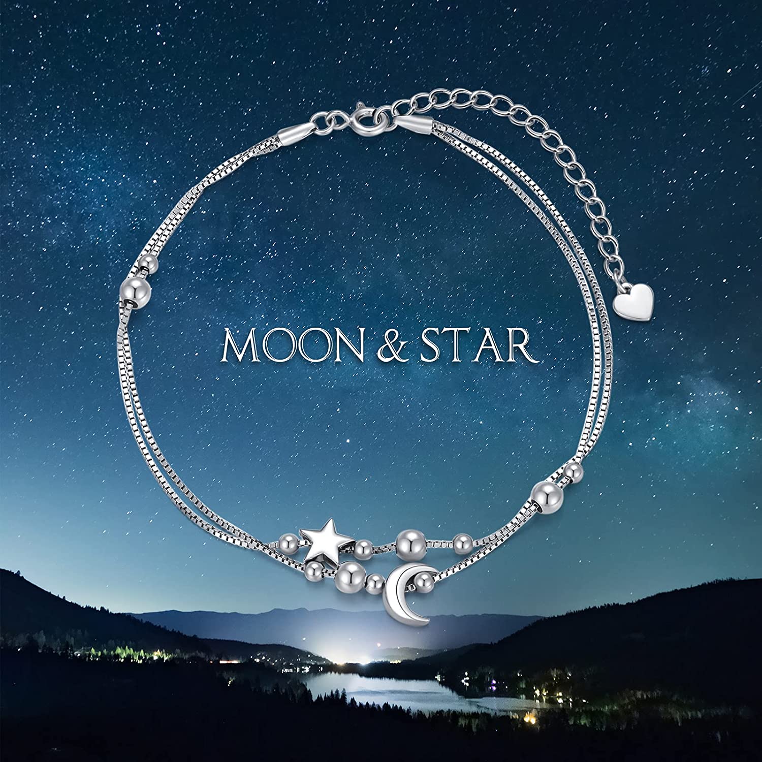 SISGEM Gift Star and Moon Sun Layered Anklet 925 Sterling Silver for Women Adjustable Beads Anklet Bracelet Crescent Beach Foot Chain 10 Inch Charm Jewelry Gifts