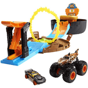 Hot Wheels Monster Trucks Stunt Tire Play Set Opens to Reveal Arena with Launcher, 1 Hot Wheels 1:64 Scale Car & 1 Monster Truck, Portable Toy Gift Set for Ages 4 to 8 Years Old