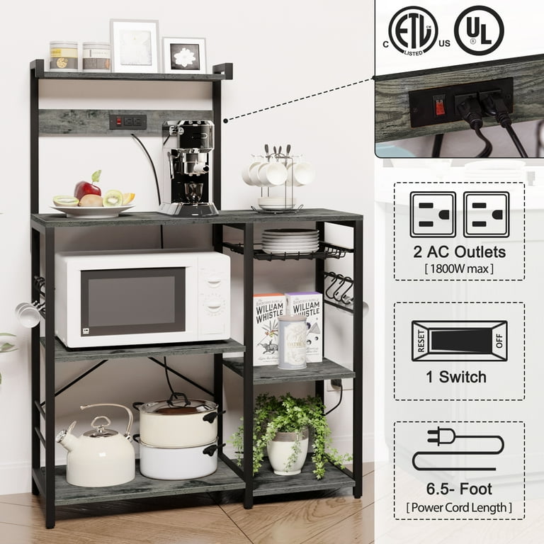 4 Tiers Bakers Rack with Power Outlets Coffee Bar Table with 6 Hooks Wood Microwave Stand with Wire Basket Kitchen Storage Shelf Kitchen Rack in