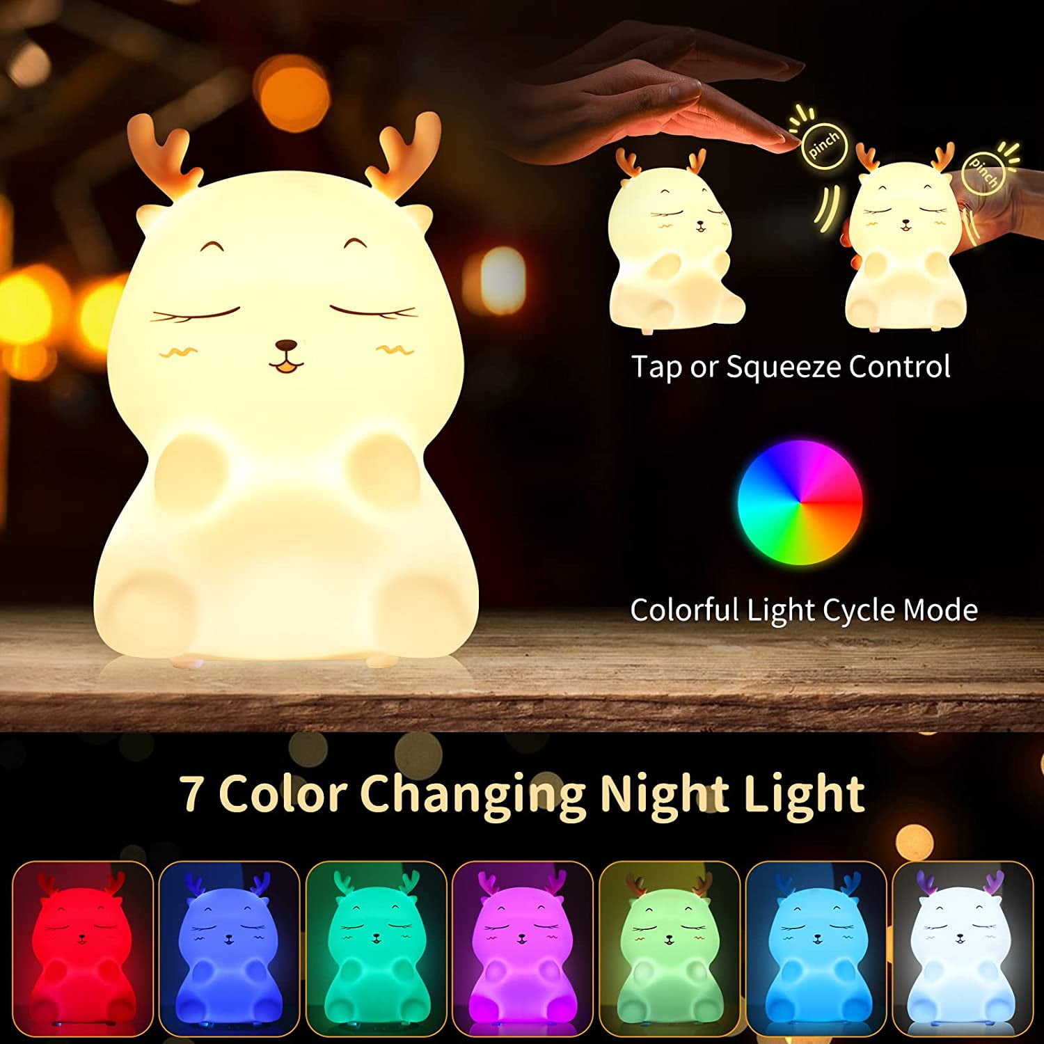 Kids Night Light Rechargeable Night Light Baby Lamp, 7 Colors LED Night Light Girls, Silicone Touch Bedside Lamp for Kids Adult Bedroom Decoration Newborn Gift (Deer)