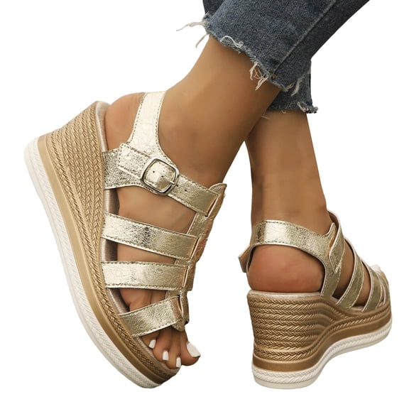 Rokment Platform Wedge Gladiator Sandals for Women 2026 Classic Vintage Casual Metallic Leather Open Toe Ankle Strap Chunky High Heels Fisherman Dressy Summer Shoes Roman Beach Gold Size 5.5