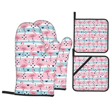 

Oven Mitts and Pot Holders Sets 4 pcs - pink flamingo anchor cute stripe Heat Resistant Silicone Oven Gloves with Non-Slip Silicone Surface and hot pads for kitchen Baking Cooking BBQ
