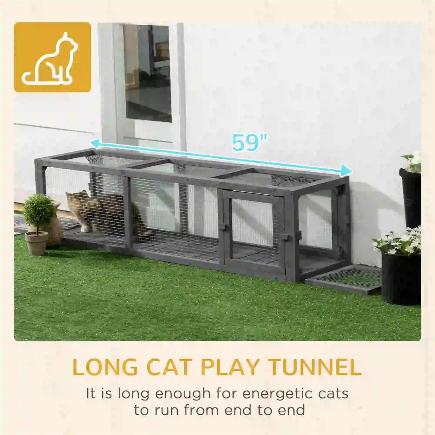 Pefilos 59" Outdoor Cat Tunnel with Weather Protection, Connecting Inside and Outside, Wooden Catio House for Deck Patios, Balconies, Indoor Cat Enclosure, Gray