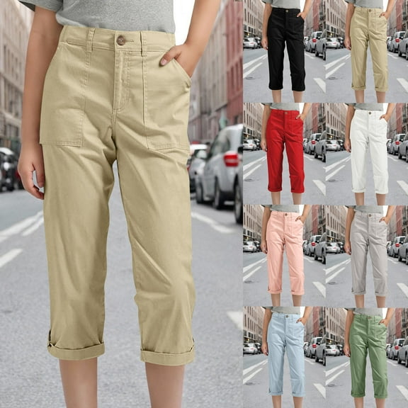MKOSPLRT Cargo Capri Pants for Kid Girls Elastic Waist Pull On Chino Pants Solid Rolled Hiking Running Capris with Pocket 4-15Y
