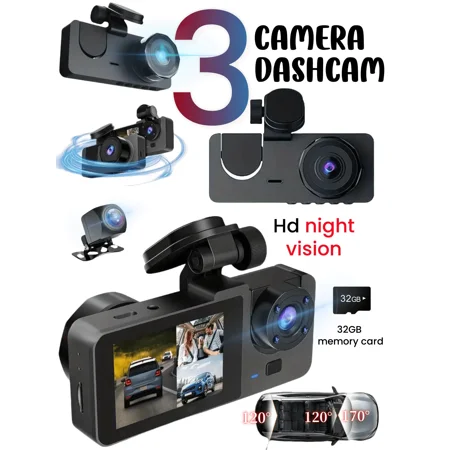 3-Lens Dash Camera for Cars - 4K FHD, Front/Rear/Interior, 32G Card, Loop Recording. Perfect Gift For 2026.