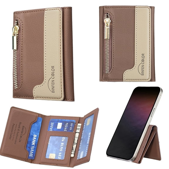 Allytechgroup Magnetic Card Holder Wallet Compatible with iPhone 16/15/14/13/12 Series, RFID Blocking PU Leather MagSafe Wallet with Kickstand & Zipper Pocket, Holds 6 Cards & Cash, Brown