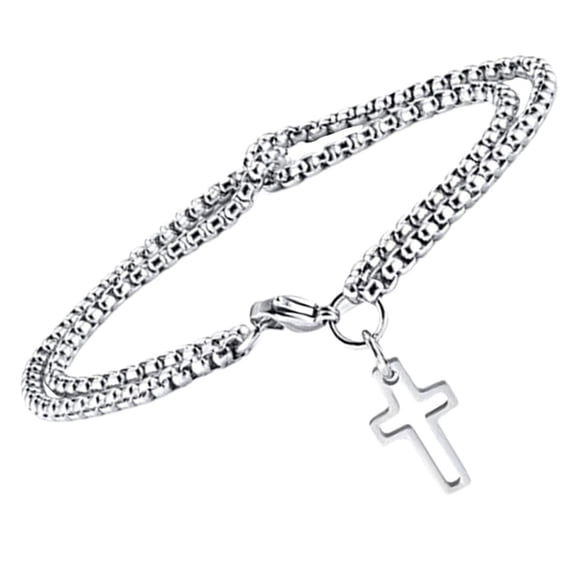 SEWCHICS Mens Stainless Steel Cross Bracelet with Double Chain Charm for Everyday Wear