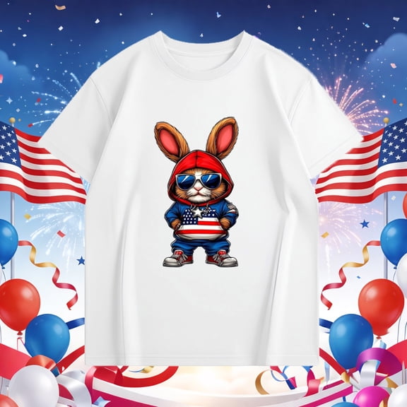 SGFCWSX Teens T Shirts Patriotic Bunny Print Crew Neck Short Sleeve Casual Tops for Boys Girls White Size 14