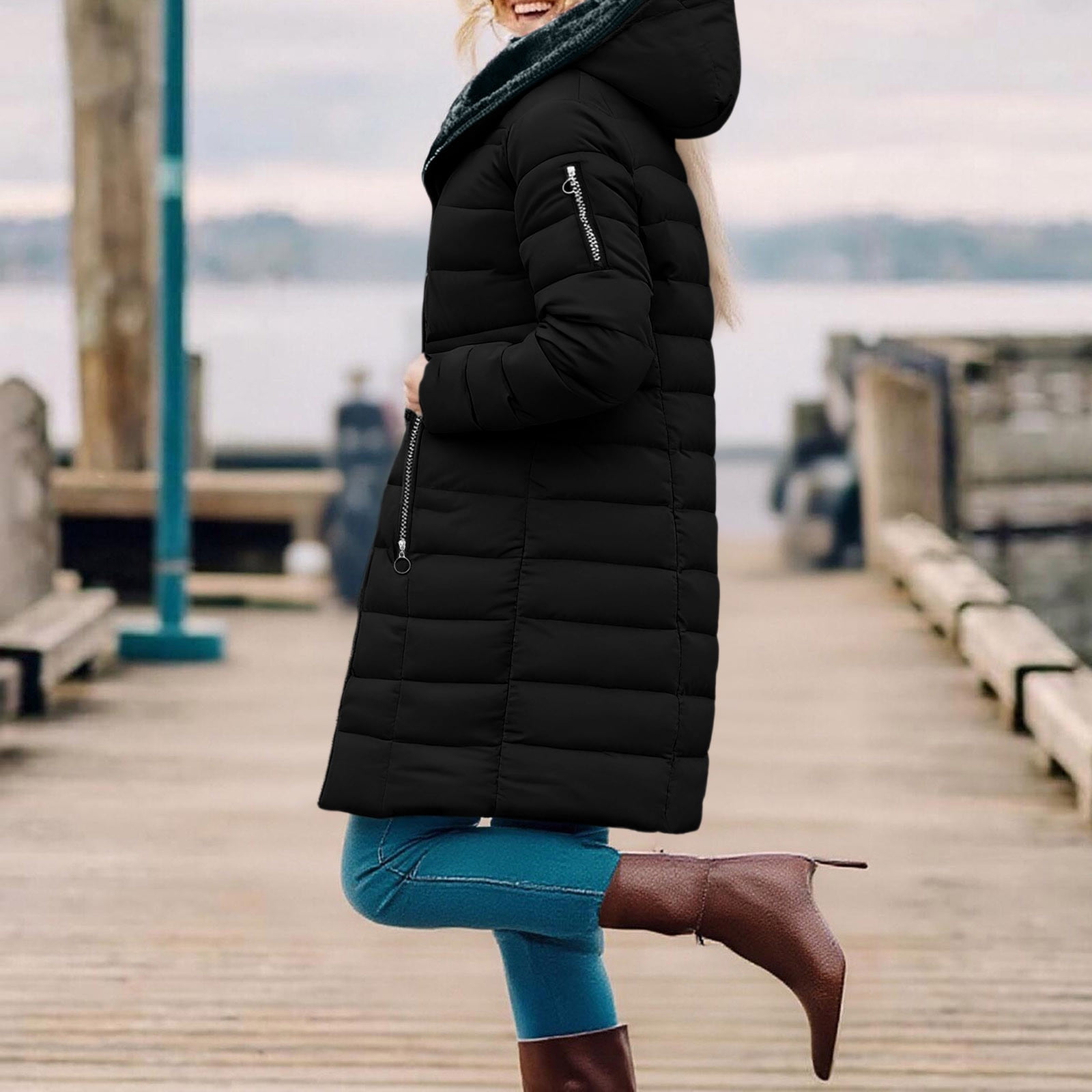 VINUSLI Long Puffer Jacket for Women Full Zip Quilted Fleece Lined Warm Hoodie Jackets Plus Size Parka Coat​ Black,XXXL