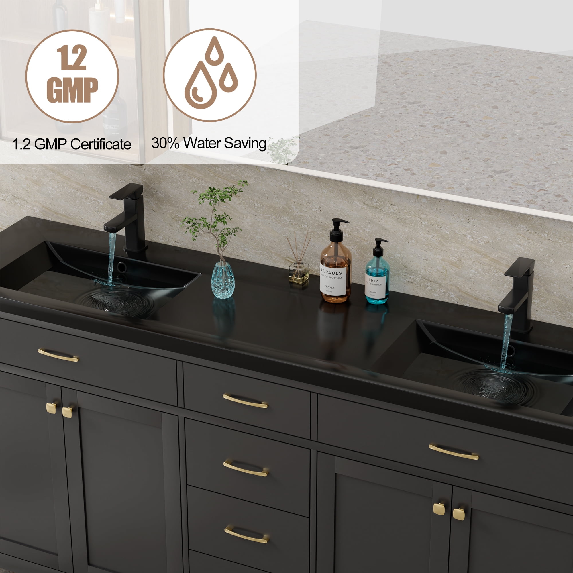 Eclife 72" Black Resin Integrated Double Bathroom Sink, Water Saving, Stain Resistant