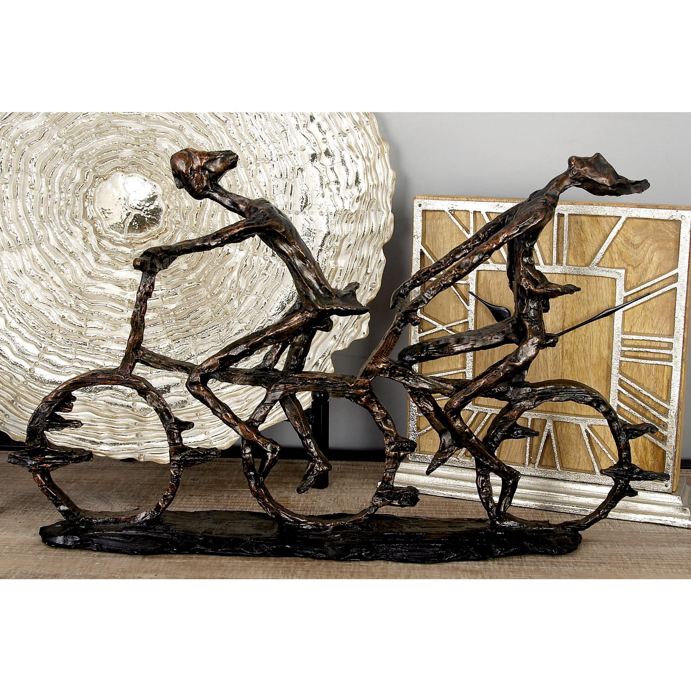 21" x 13" Bronze Polystone Bicycling People Sculpture with Copper Texturing, by DecMode