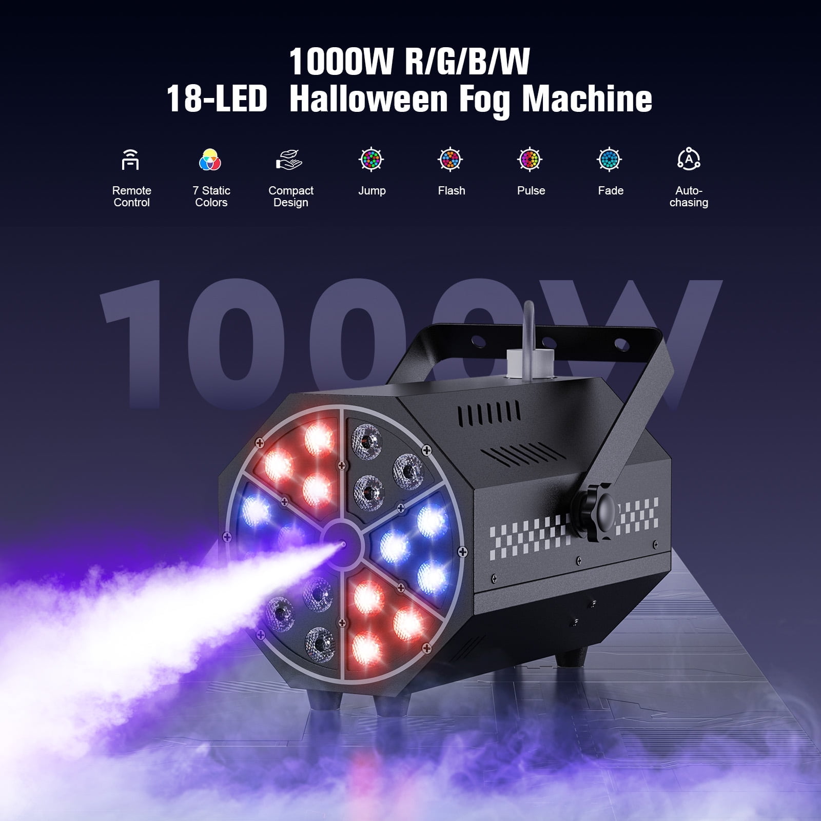 Fog Machine 1000W with 18-Color LED Lights and Remote, 300ml Smoke Fogger for Parties, DJ Stage, Indoor Outdoor Use