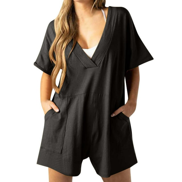 Timegard Womens Rompers Deep V-Neck Short Sleeve Drop Shoulder Casual Loose Shorts Jumpsuit with Pockets