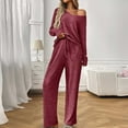 thumbnail image 5 of SMihono Women's 2 Piece Lounge Sets Outfits Knit Long Sleeve V Neck Top Drawstring Wide Leg Pants Matching Sets Loungewear Wine L, 5 of 6