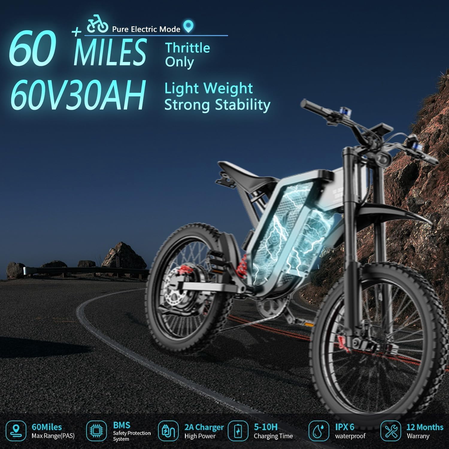 Max Speed 50MPH 19x2.75'' Tire,6000W(Peak) Motor Freego X2 Electric Mountain Bike ,7 Speed Electric Motorcycle for Adults,60V30AH Battery Electric Dirt Bike, Full Suspension Hydraulic Brake UL2849