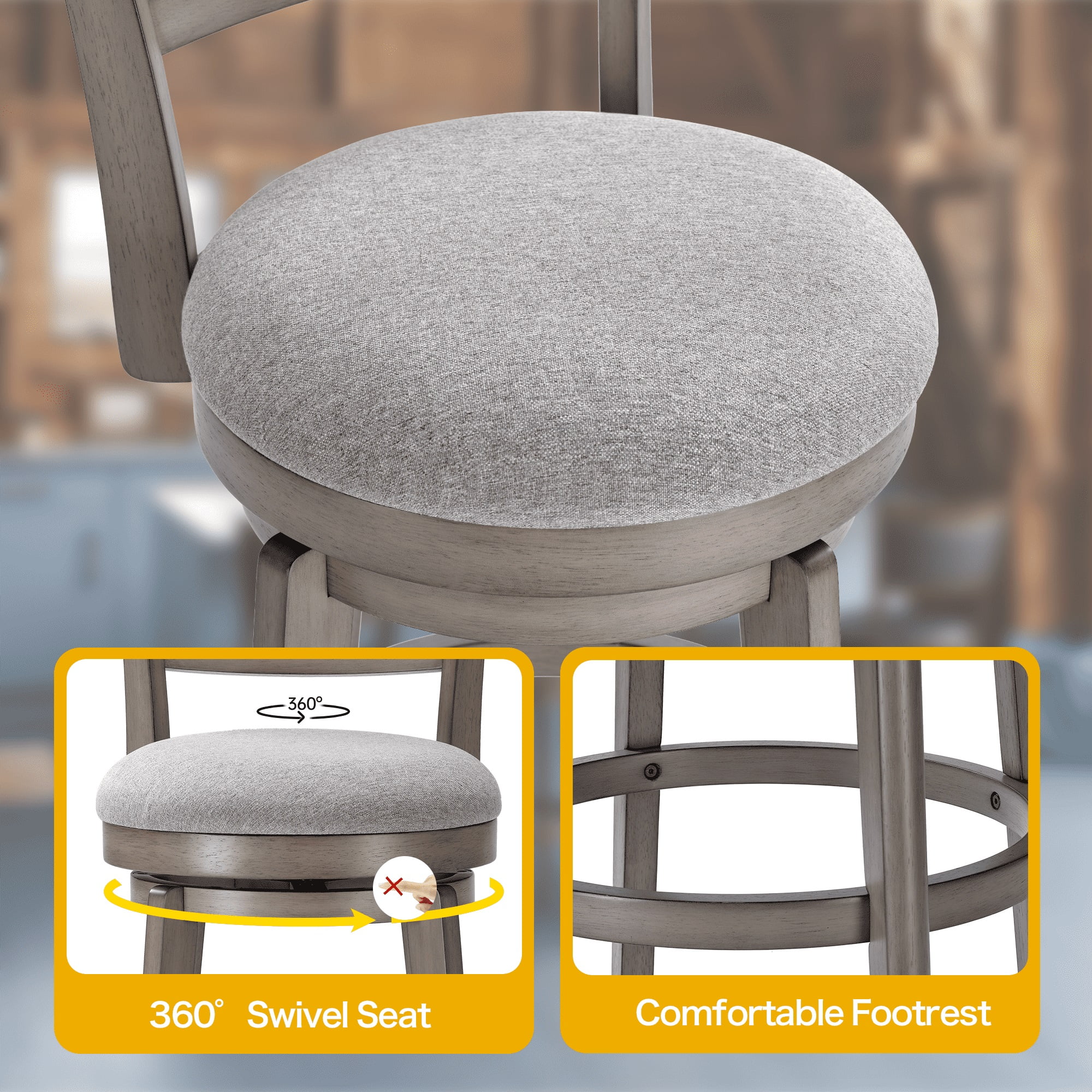 26" Counter Height Swivel Bar Stools Set of 2 Barstools with High Back Pub Seat Stools Set for Kitchen Island, 2 Pack