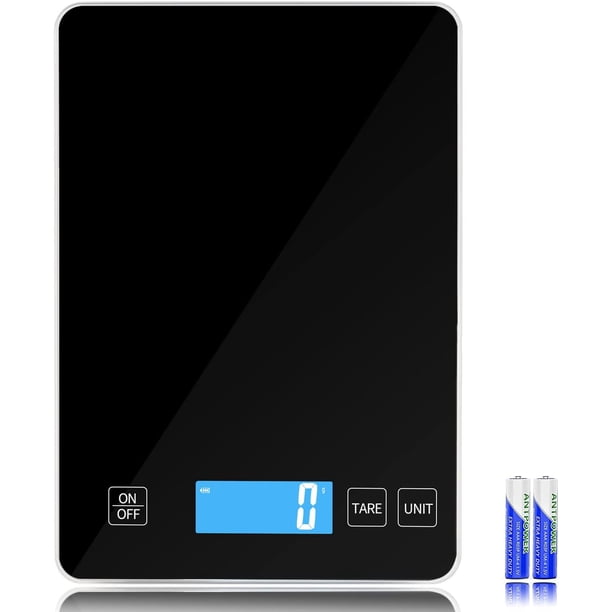 Báscula Digital Cocina, Bascula para Alimentos de con Superficie de Vidrio Templ y Pantalla LCD, Balanza de Cocina Pesa Comida de Capacidad 1g-10, Color Negra (Baterías Incluidas)