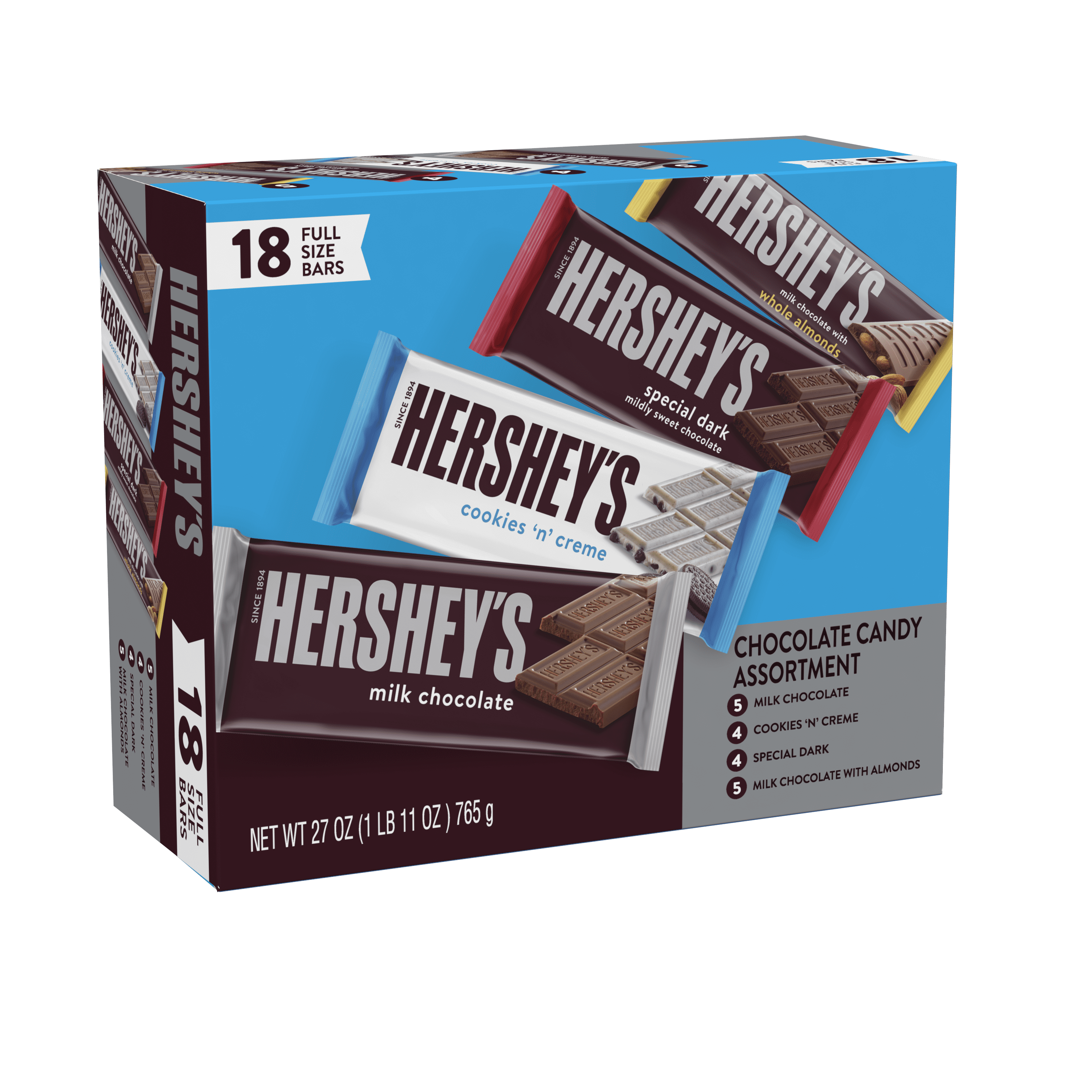 Hershey&#39;s Milk Chocolate, Dark Chocolate and White Cr&#232;me Assortment Candy Bars Variety Pack - 27oz/18ct