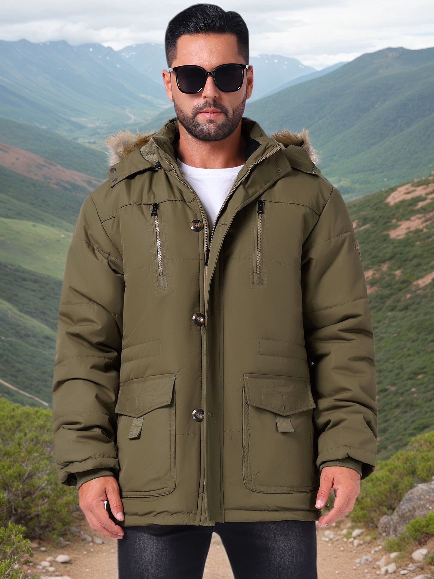 DARING DIVA Men's Winter Warm Coat Fleece Lined Thicken Hooded Parka Jacket XL Dark Green