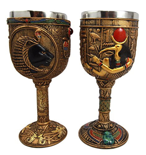Ebros Ancient Egyptian Larger 16oz Cylindrical Wine Goblet Chalice in Golden Hieroglyphic Housing and Ornate Royal Papyrus Uraeus Cobras Sculpted Stem Base Horus Falcon God of The Sky 