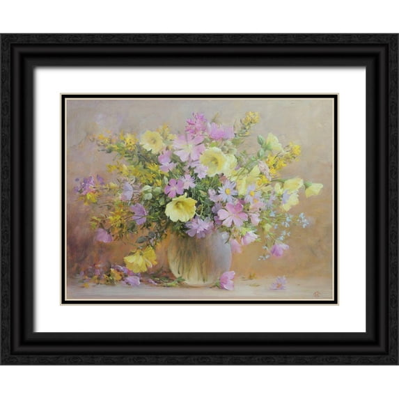 Smirnov, Igor 14x12 Black Ornate Wood Framed with Double Matting Museum Art Print Titled - Yellow and Pink Flowers in Vase