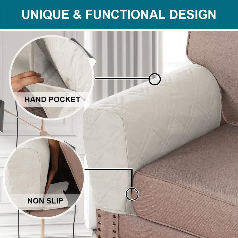 2 Pack Waterproof Armrest Covers for Chairs and Sofas Couch Arm Covers for Sofa Armrest Covers with Side Pocket Anti-Slip Furniture Protector Washable Armrest Slipcovers Set of 2