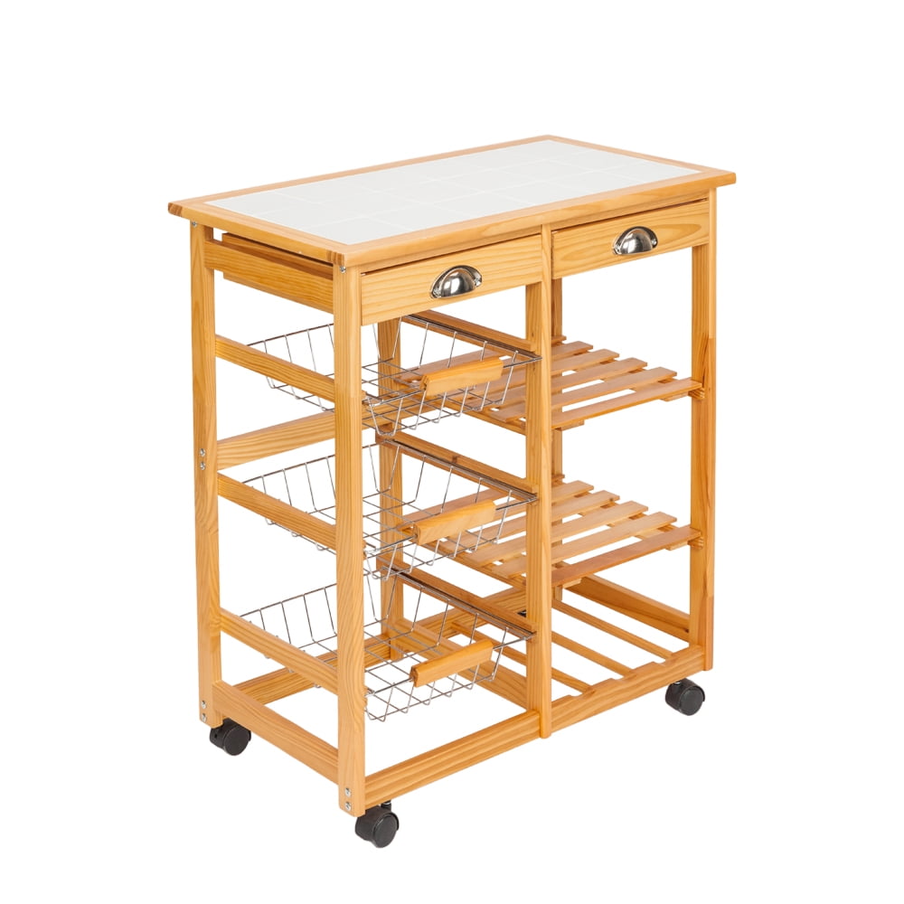 Zimtown Wooden Rolling Kitchen Island Dining Cart With Drawers Baskets Stand Storage