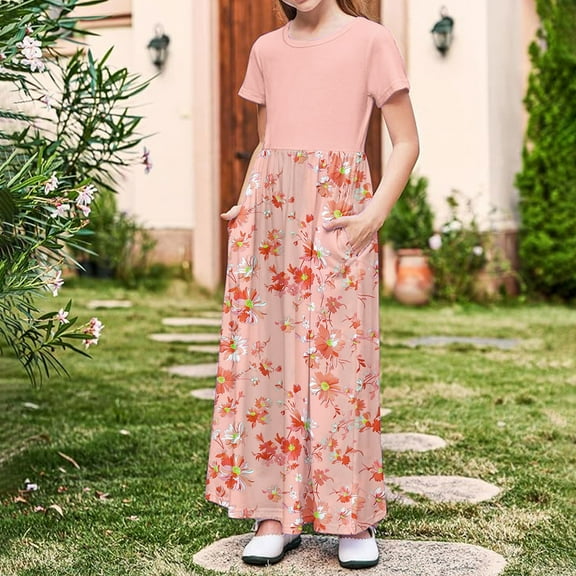 Fatuov Round Neck Sundress for Girls Loose Fit Bohemian Long Dress with Pocket Printed Summer Dress for Summer Size 11 Years