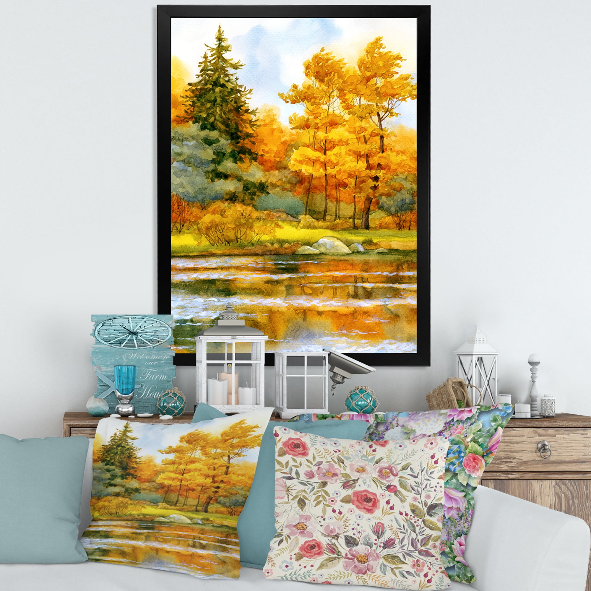 Designart 'Autumn Forest By The Lake Side II' Lake House Framed Art Print