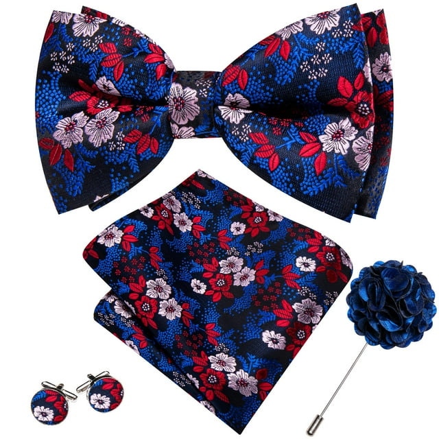 Set de Corbata de Moño Barry.Wang Floral Azul y Rojo en Seda 13.5x7.5 cm