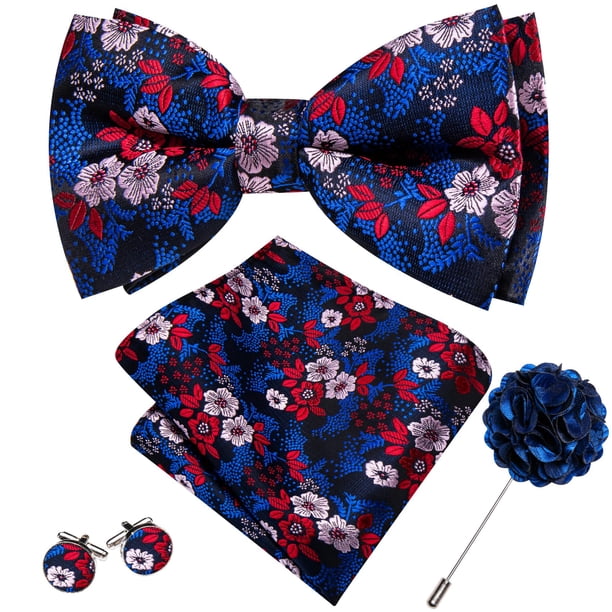 Set de Corbata de Moño Barry.Wang Floral Azul y Rojo en Seda 13.5x7.5 cm