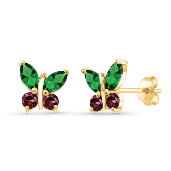 18K Yellow Gold Plated Silver Marquise Green Nano Emerald and Red Rhodolite Garnet Butterfly Earrings for Women (1.28 Cttw, Gemstone May Birthstone, Center Stone: 6X3MM, Small Stones: 3MM)