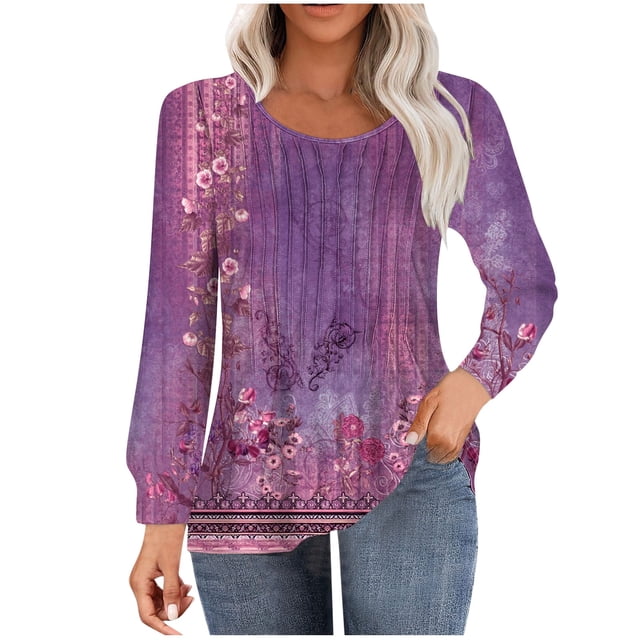 HKEJIAOI Hauts à Manches Longues pour Femmes Col Rond T-Shirts Tunique Plissée Blouses d'Automne Style Boho Chemises Amples L