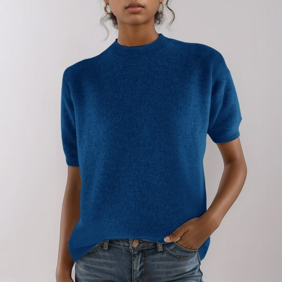 SHITINN Women's Knitted Short Sleeved Low Round Neck Knitted Mid Sleeve Bottoming Shirt Womens Short Sleeve Blouses Women's Shirts Trendy Tops for Women 2025