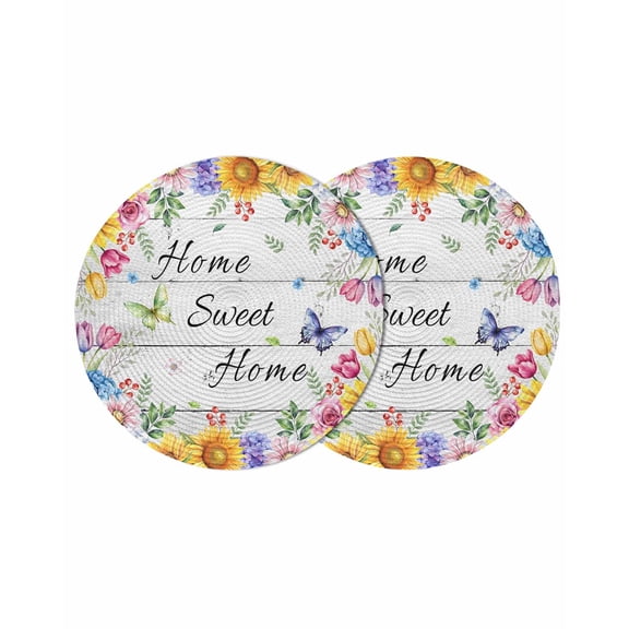 Spring Wildflowers Round 13 Inch Placemats Set of 2, Watercolor Floral Leaf Wood Grain HeatResistant Non Slip Place Mats for Dining Table, Wipeable Braided Kitchen Table Mats for Housewarming