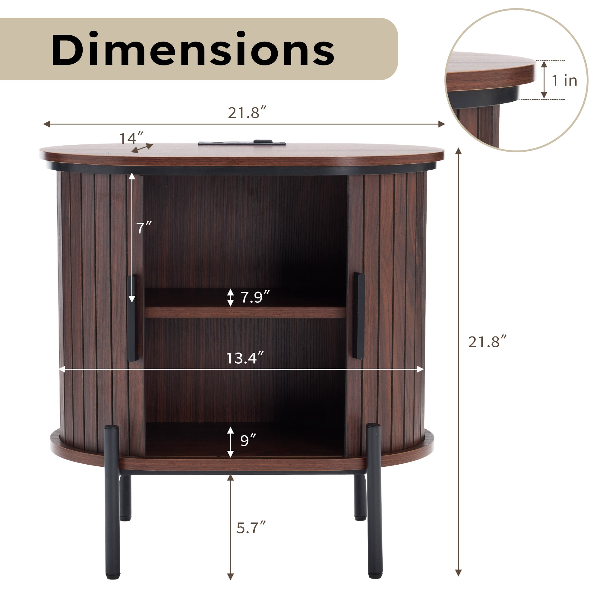 Ebello Nightstand with Built-in Charging Station, Modern Oval End Table with Storage, Sliding Door & Raised Base for Bedroom and Entryway, Walnut