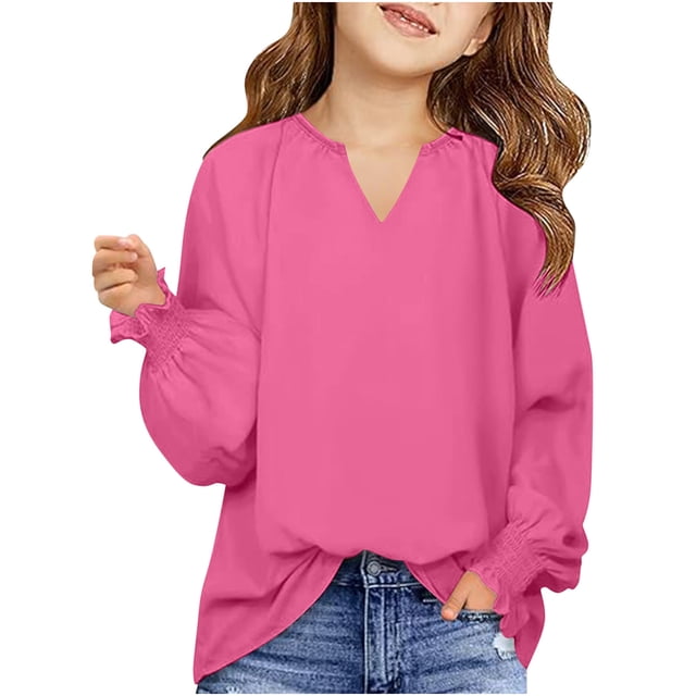 MeetoTime Girls Solid Color Loose Puff Sleeve Long Sleeve V-neck Top Spring Fall Kids Shirt 6-16 Years