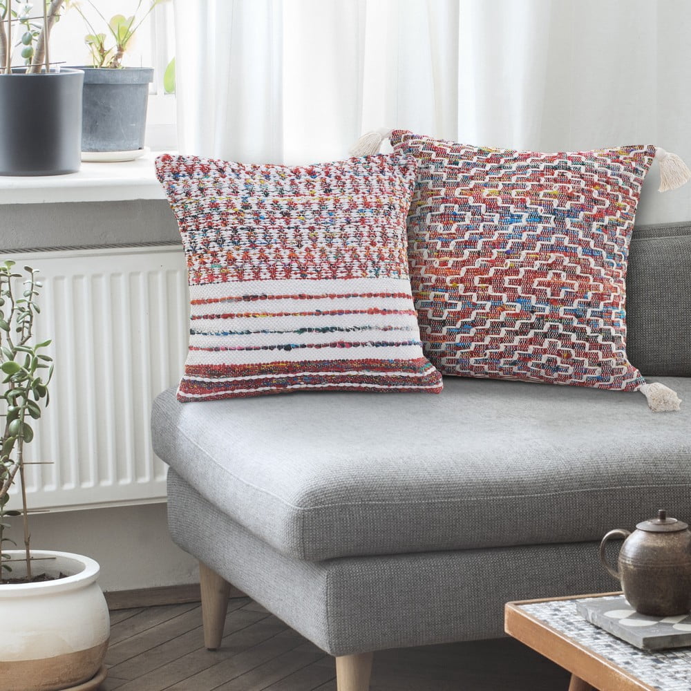 Ox Bay 20" x 20" Hand-Woven Red/ Multicolored Geometric Cotton Blend Pillow Cover