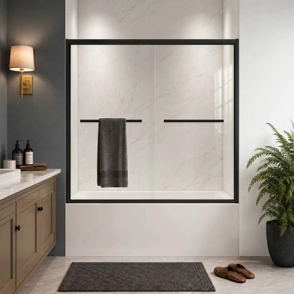 56-60"W x 58"H Aluminum Double Sliding Tub Door, 1/4"(6mm) Clear Tempered Glass, Matte Black