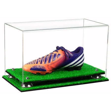 Deluxe Clear Acrylic Large Shoe Display Case for Basketball Shoes Soccer Cleats Football Cleats with Silver Risers and Turf Base