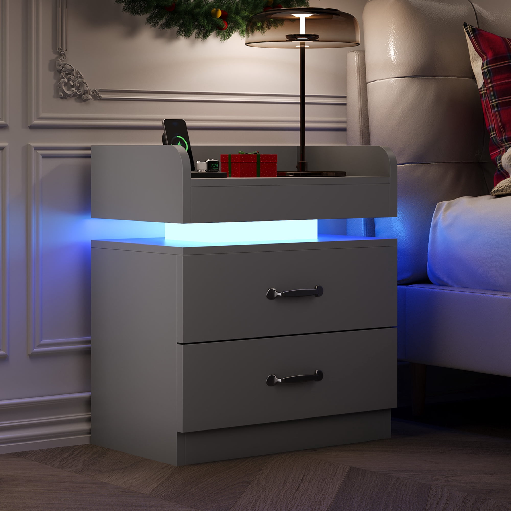 LED Nightstand, Modern Grey Night Stand End Tables with Charging Station & LED Lighting, 2 Drawers, Open Shelf Storage, Bedside Tables for Bedroom & Living Room