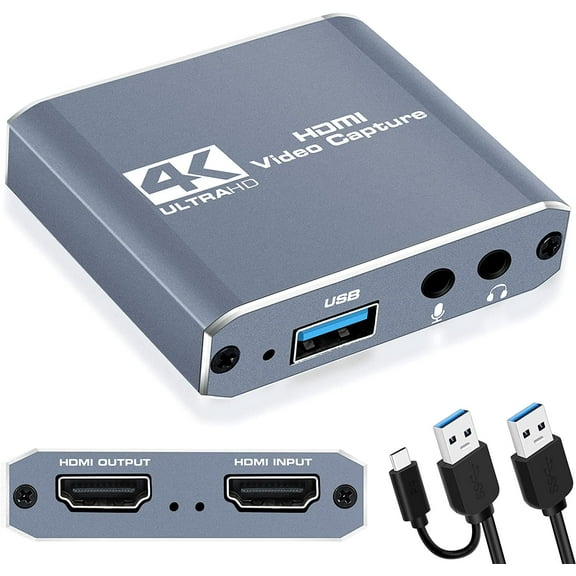 Capture Card 1080p 60fps, 4K HDMI Video Game Capture Card to USB/Type-C with Microphone & HDMI Loop-Out, Low Latency Record Broadcast Live Streaming Compatible with Nintendo Switch/PS4/PS5/Xbox One