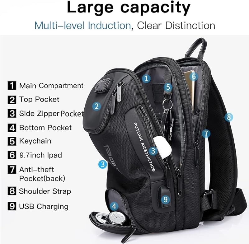 BANGE Anti-Theft Sling Backpack with Lock & USB Charging Port, Unisex Casual Crossbody Bag for Multiple Occasions,Black