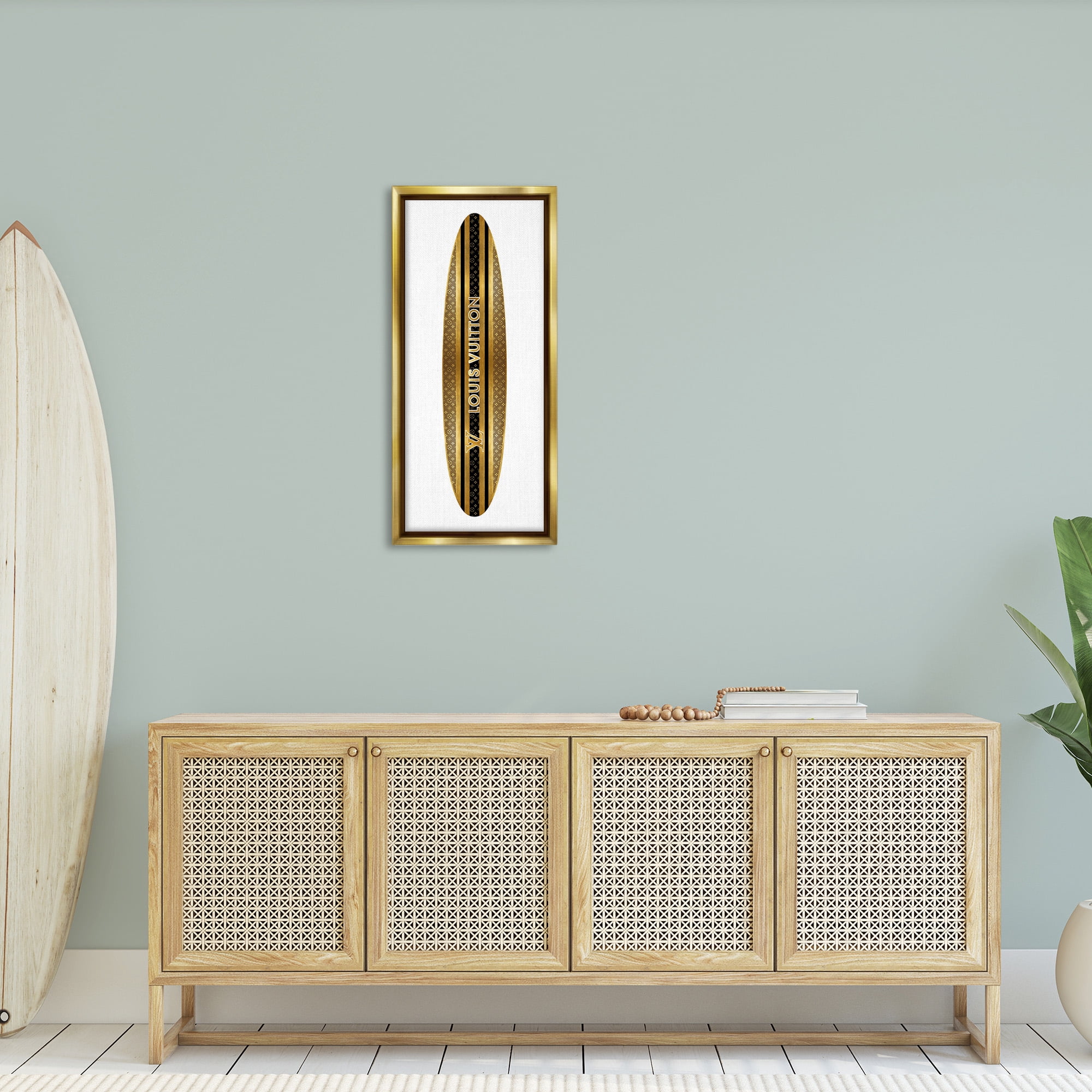 Stupell Industries Glam Striped Surfboard Nature Painting Gold Floater Framed Canvas Art Print Wall Art, 14 x 31