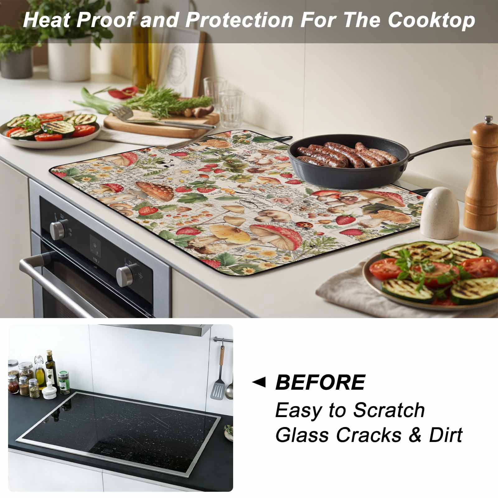 Mushroom Stove Top Cover for Electric Stove, Heat-proof & Non Slip Glass Top Stove Cover Protector, Pastoral Summer Botanical Watercolor Spring Floral Kitchen Flat Cooktop Rubber Mat 28.5x20.5 Inches