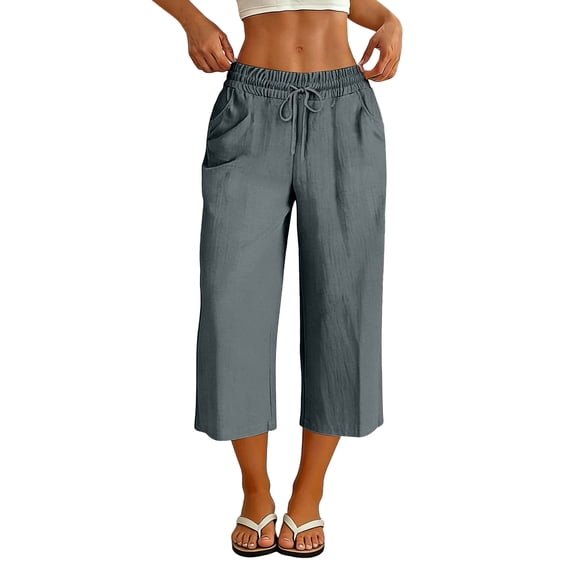 Yievot Linen Capri Pants for Women Drawstring Elastic Waist Relaxed Fit Summer Beach Vacation Casual Capris with Pockets