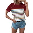 thumbnail image 2 of Camiseta informal de verano de manga corta con cuello redondo de color rojo vino para mujer, para vacaciones y uso diario, camiseta con botones en los hombros y rayas, 2 of 6