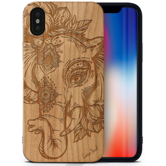Case Yard Wooden Case Outside Soft TPU Silicone, Slim Fit Shockproof Wood Protective Phone Cover for Girls Boys Men and Women, Supports Wireless Charging Boho Elephant Design case for iPhone-X