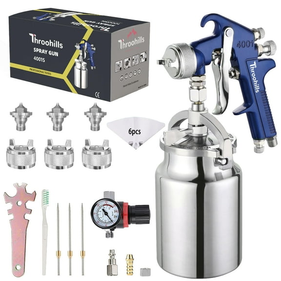 Throohills Siphon Feed Spray Gun Set for Piant with 1.4/1.7/2.0mm Nozzle, 1000cc Cup and 6pcs Paint Strainers for Cars & HousePainting Gun(Blue)
